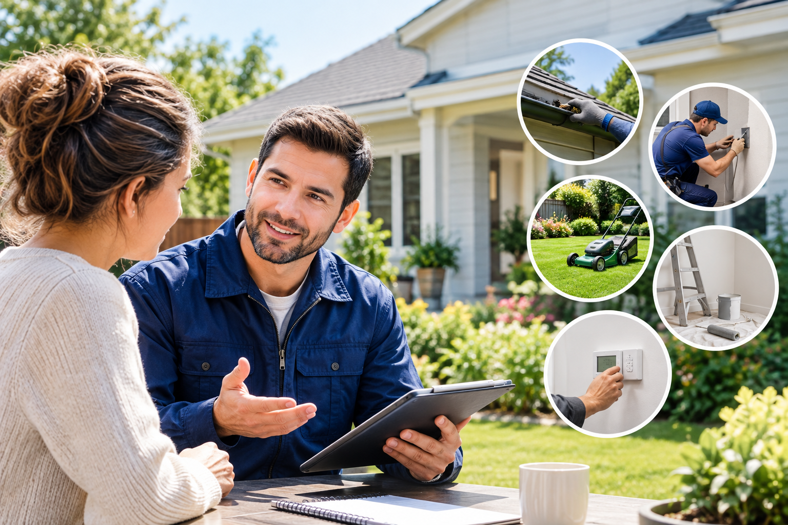 Active Property Care technician reviewing a property maintenance plan with a homeowner