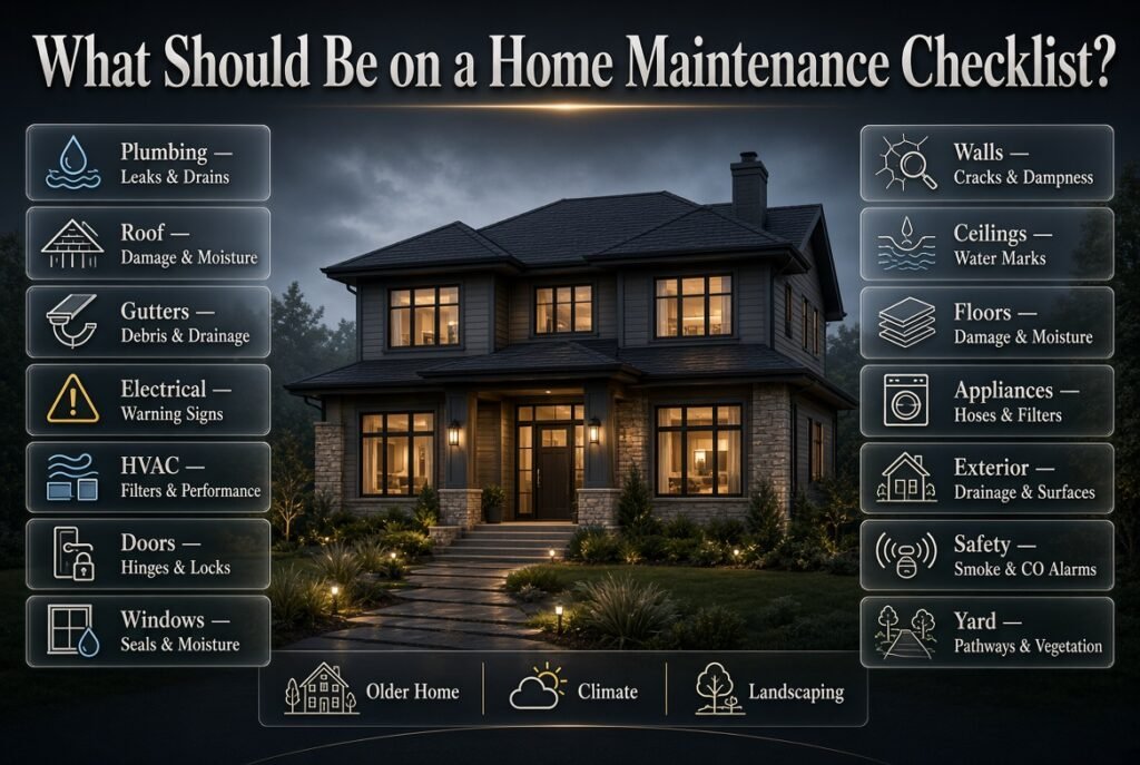 Home maintenance checklist covering plumbing, roofing, gutters, HVAC, electrical, windows, safety, exterior, and yard inspections.