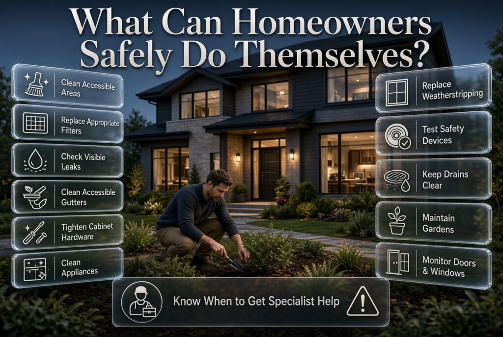 Safe DIY home maintenance tasks including filters, gutters, leaks, appliances, weatherstripping, drains, gardens, doors, and windows.