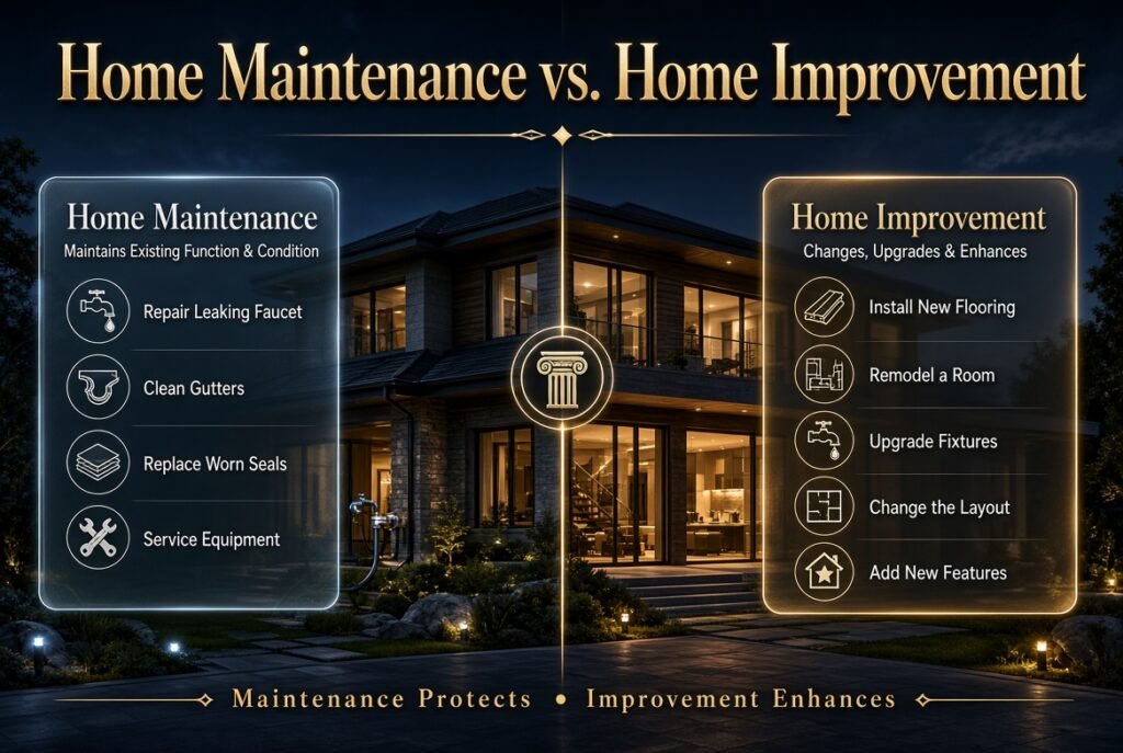 Home maintenance vs home improvement infographic comparing repairs and upkeep with remodeling, upgrades, new flooring, and layout changes.
