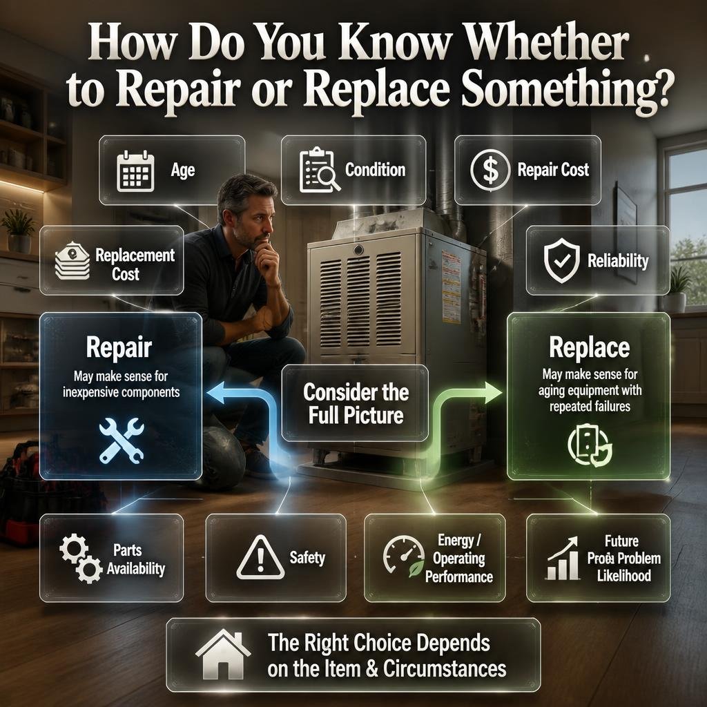 Repair or replace home maintenance guide comparing age, condition, cost, reliability, parts, safety, performance, and future problems.