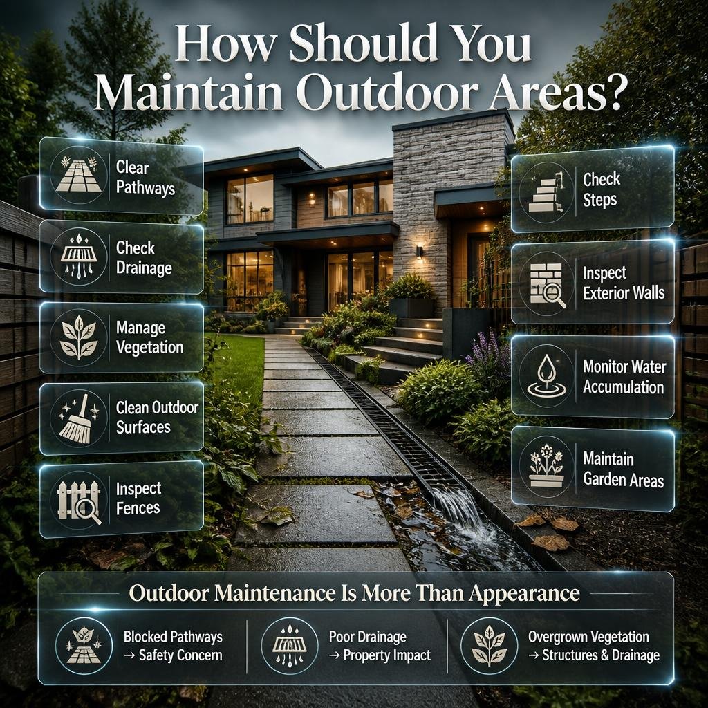 Outdoor home maintenance infographic covering pathways, drainage, vegetation, surfaces, fences, steps, exterior walls, water, and gardens.