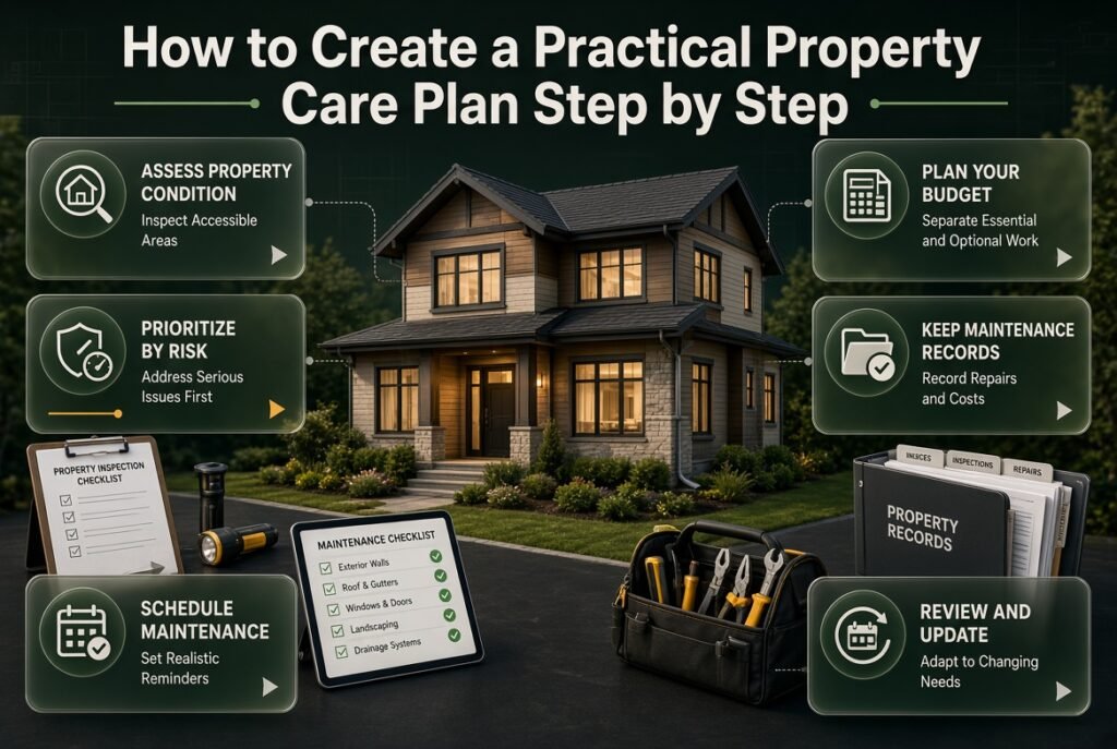 Property care planning infographic showing home inspections, maintenance priorities, scheduling, budgeting, recordkeeping, and regular plan reviews.