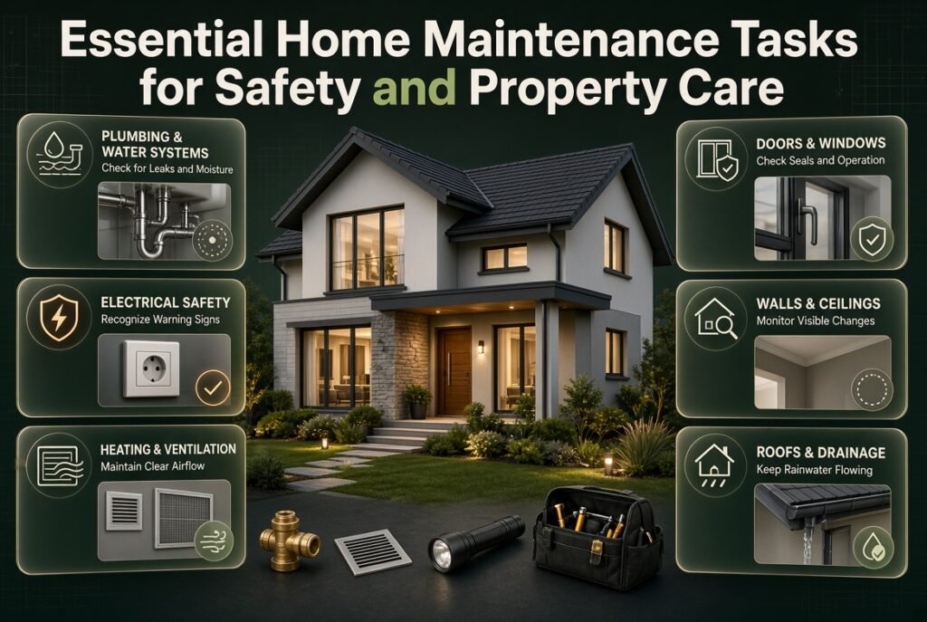 Home maintenance infographic showing plumbing checks, electrical safety, ventilation, window seals, wall inspections, roof care, and drainage.
