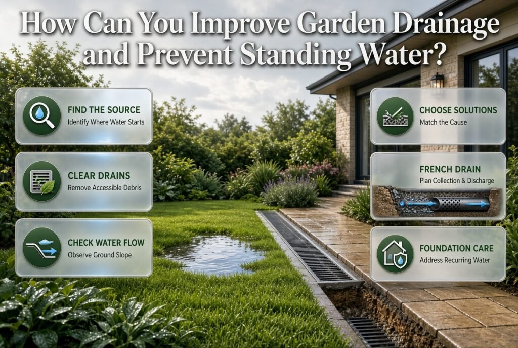 Garden drainage infographic showing standing water prevention, clear surface drains, proper water flow, healthy landscaping, and foundation protection.