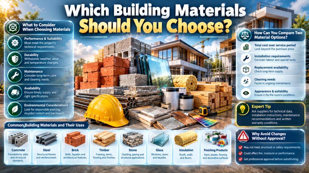 Building materials infographic comparing concrete, steel, brick, timber, stone, glass, insulation, and finishes for construction projects.