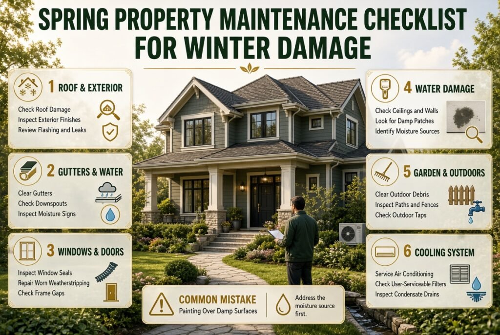 Spring property maintenance checklist showing roof inspections, gutter cleaning, water damage checks, window repairs, garden care, and AC servicing.