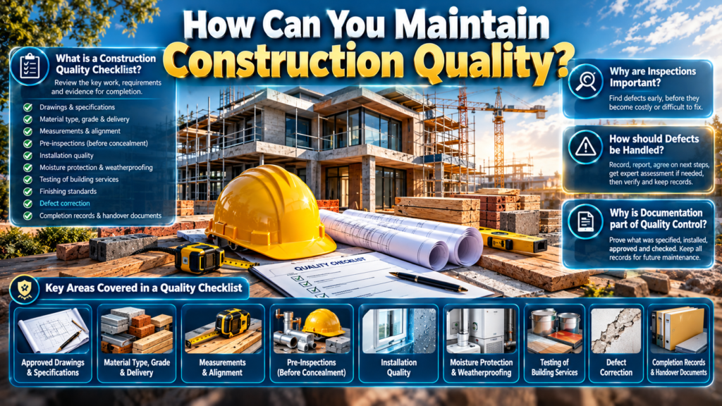 Construction quality control infographic featuring inspection checklists, material verification, installation standards, defect correction, and project documentation.