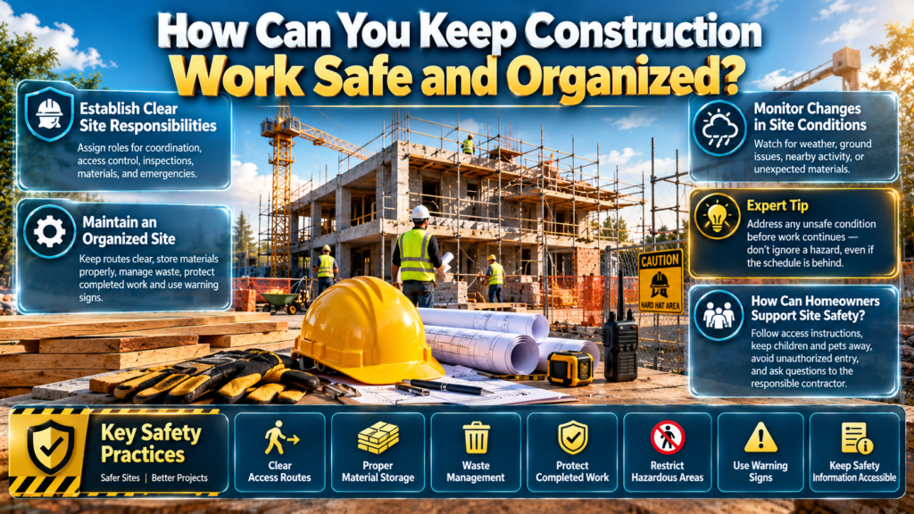 Construction site safety infographic showing hazard prevention, organized material storage, clear access routes, warning signs, and homeowner safety practices.