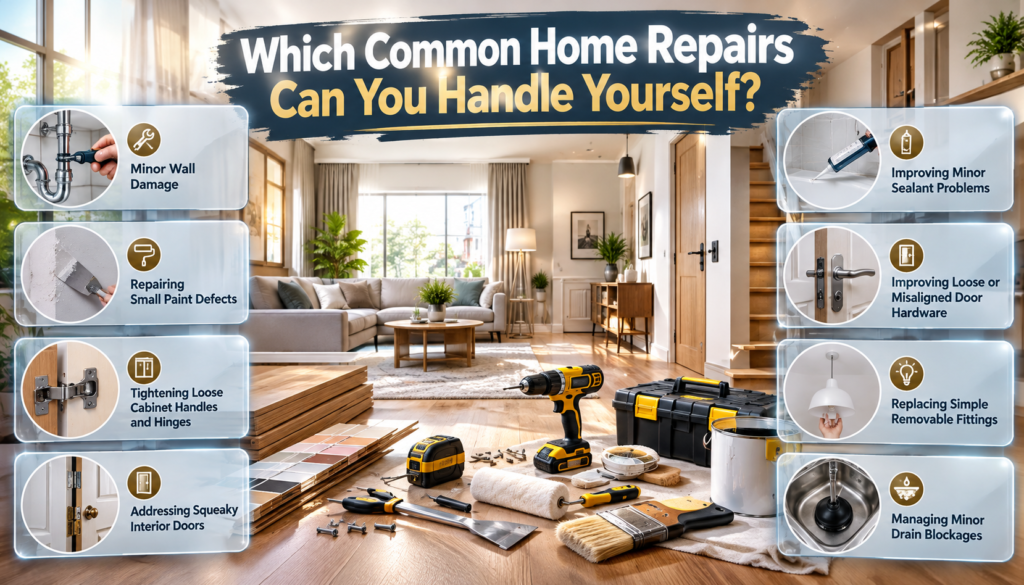 DIY home repairs guide featuring minor wall damage, paint defects, cabinet hinges, squeaky doors, sealant, door hardware, and drain blockages. 