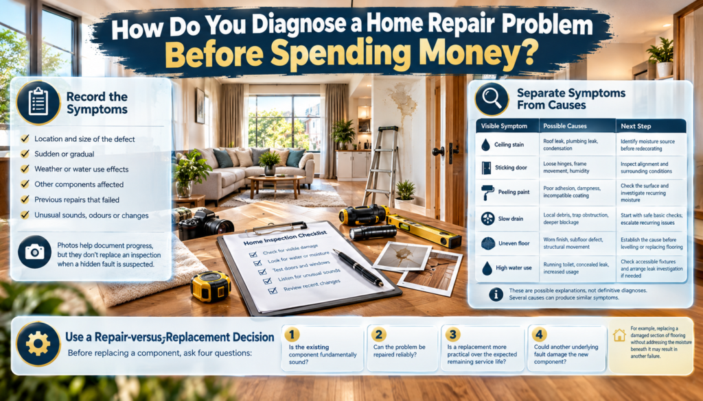 Home repair diagnosis guide showing symptom recording, damage inspection, possible causes, repair planning, and repair-versus-replacement decisions.