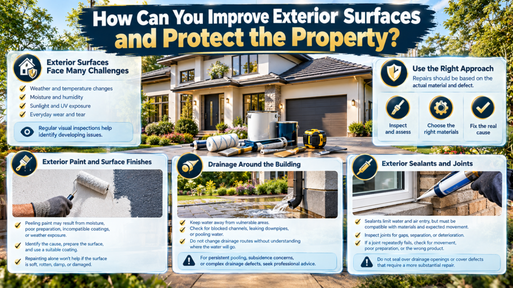 Exterior home maintenance guide showing paint protection, building drainage, exterior sealants, surface inspections, and property protection techniques.