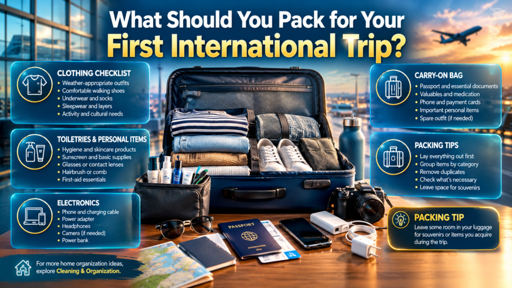 First international trip packing checklist featuring clothing, toiletries, travel electronics, passport, carry-on essentials, and organized luggage.