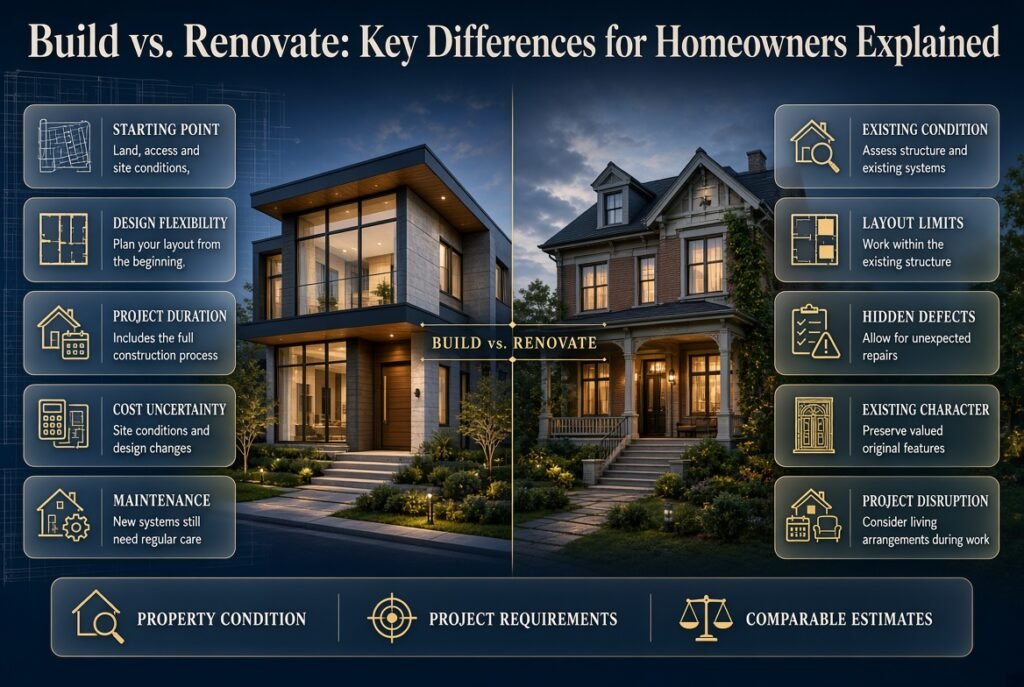 Build vs. renovate infographic comparing new home construction and existing property renovation, costs, timelines, design flexibility, and maintenance.