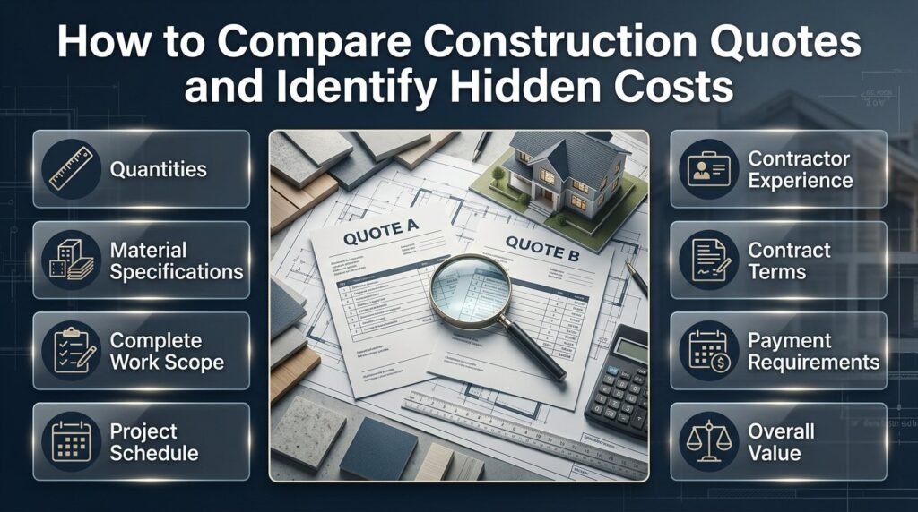 Comparing construction quotes using contractor estimates, material specifications, project scope, payment terms, and construction budget documents.