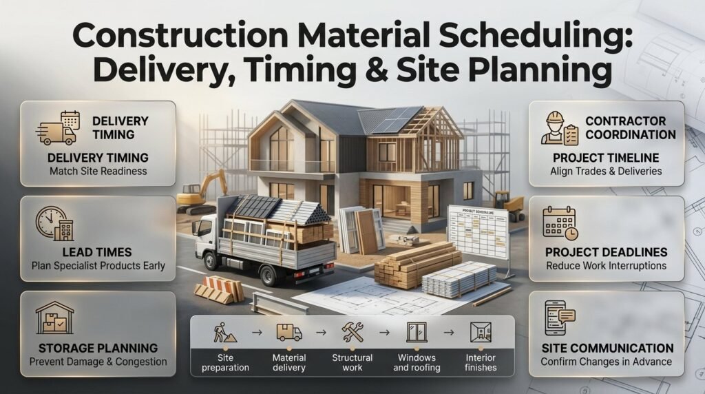Construction material scheduling infographic showing coordinated deliveries, building supplies, project timelines, contractor communication, and site readiness.