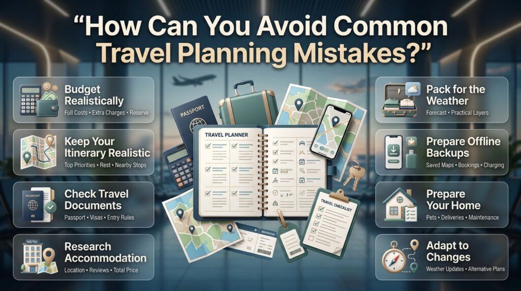 Travel planning infographic highlighting eight common mistakes involving budgets, itineraries, travel documents, accommodation, packing, phones, home preparation, and changing conditions.