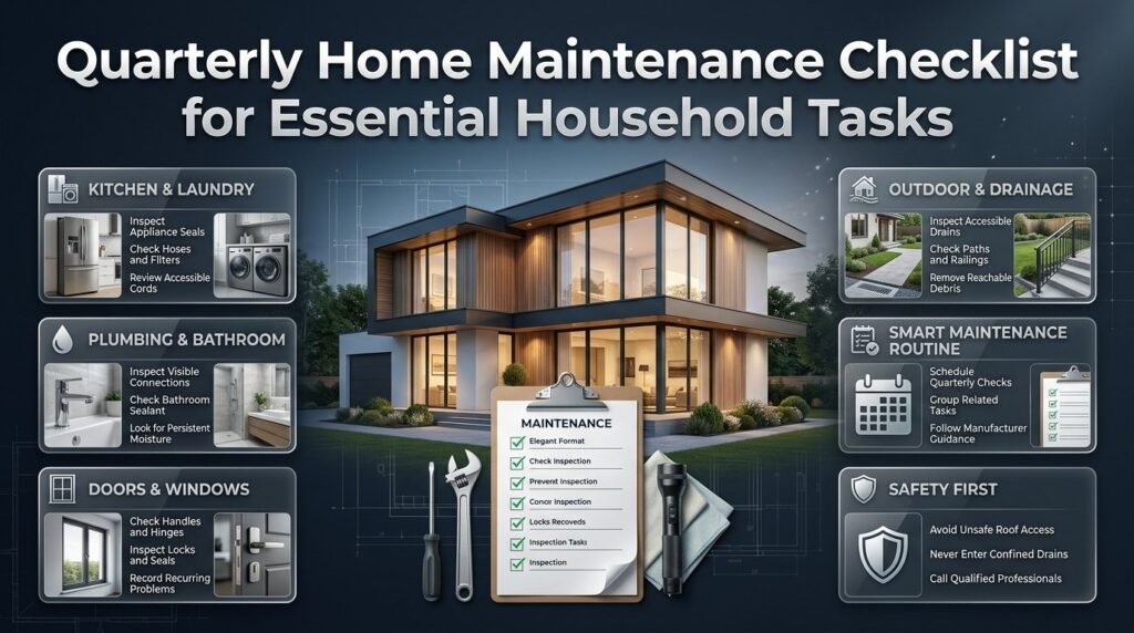 Quarterly home maintenance checklist featuring kitchen appliances, plumbing inspections, bathroom seals, doors, windows, and outdoor drainage checks.