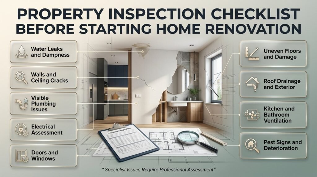 Property inspection checklist showing wall cracks, water leaks, plumbing issues, electrical concerns, window damage, and roof drainage.