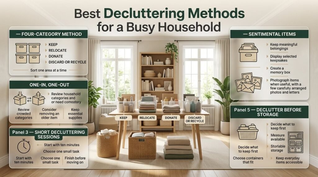 Decluttering methods infographic showing a tidy home, four-category sorting system, short organizing sessions, sentimental storage, and practical household organization.