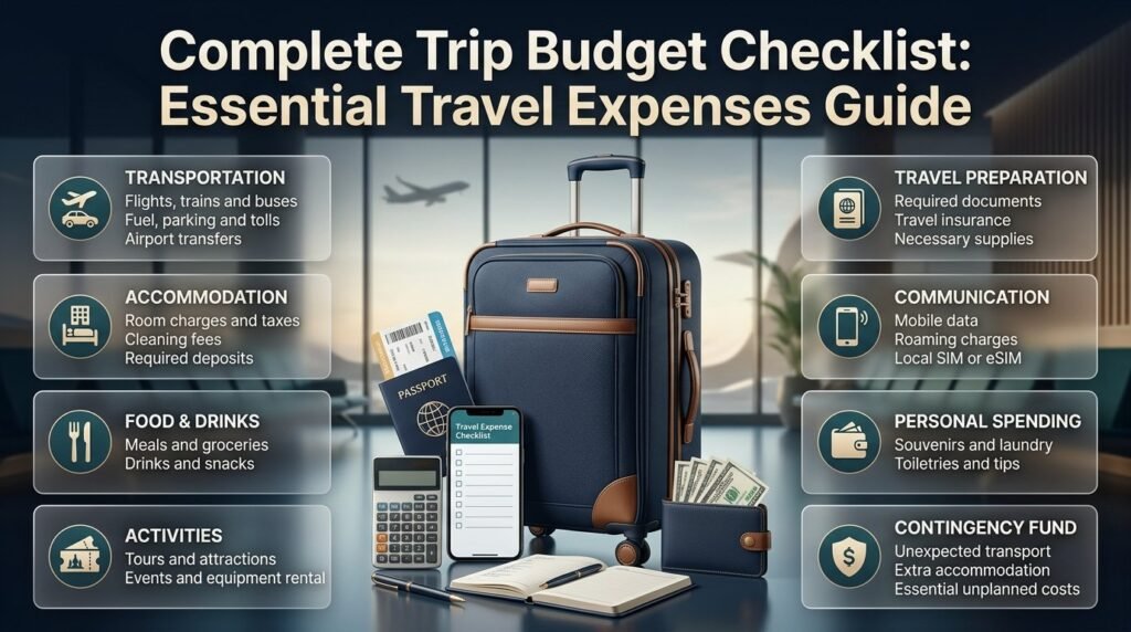 Complete trip budget checklist covering transportation, accommodation, food, activities, travel documents, communication, personal spending, and emergency costs.