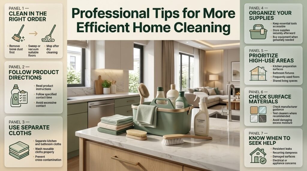 Professional home cleaning tips infographic featuring efficient cleaning methods, separate cloths, correct product use, surface care, and household cleaning priorities.