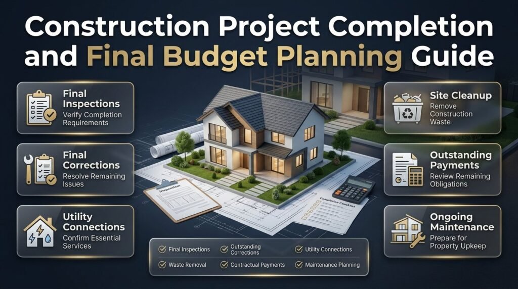 Construction project completion and final budget planning with a finished house, final inspections, utility connections, outstanding payments, and maintenance planning.