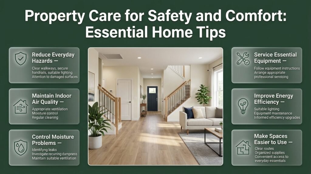 Property care infographic showing home safety checks, clear walkways, indoor air quality, ventilation, energy efficiency, and comfortable everyday living spaces.