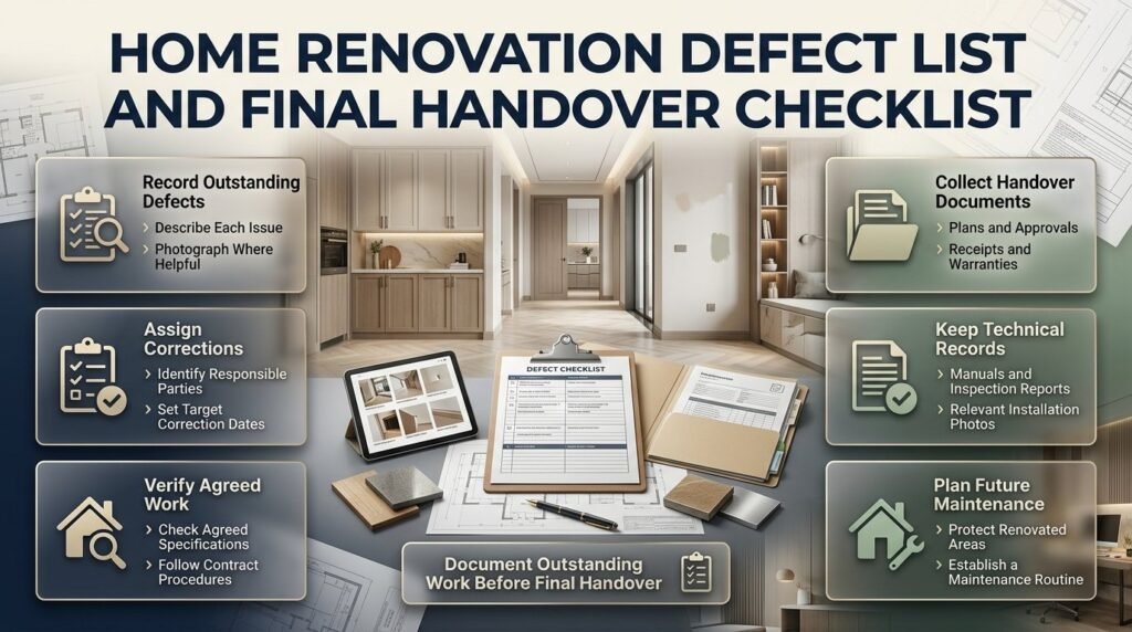 Home renovation defect list and handover checklist featuring snagging photos, correction dates, warranties, receipts, inspection reports, and maintenance records.