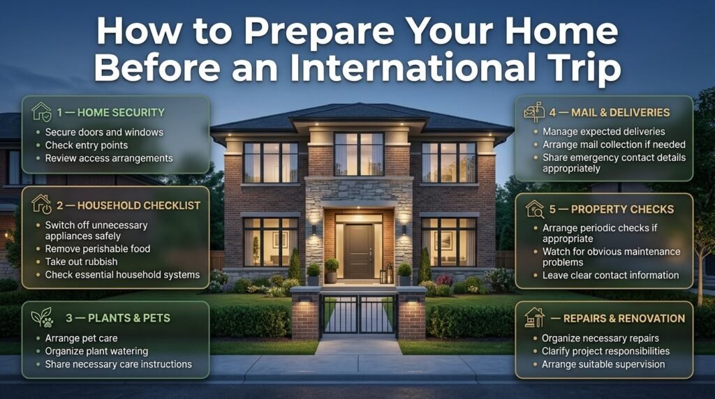 Home preparation checklist before international travel, featuring secure doors, switched-off appliances, plant care, mail management, and property maintenance.