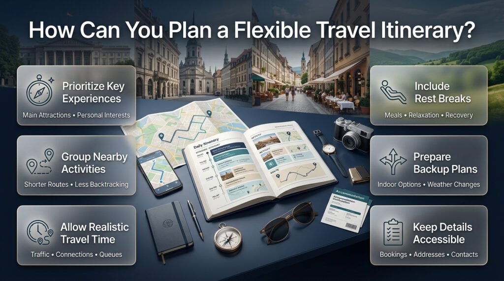 Flexible travel itinerary infographic featuring destination maps, daily activities, transport routes, rest breaks, backup plans, and booking details.