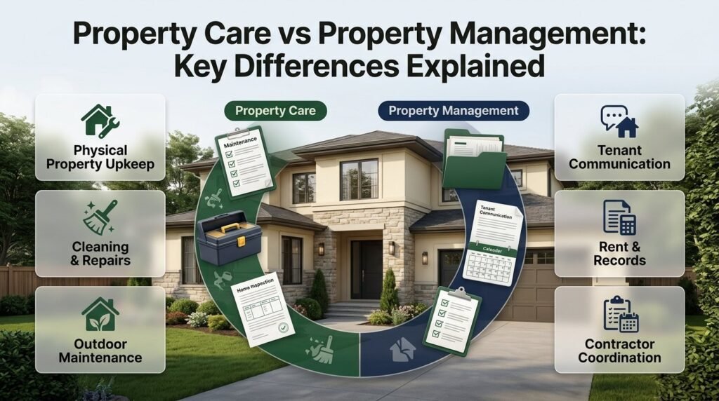 Property care vs property management infographic comparing building maintenance, cleaning, repairs, tenant communication, rent administration, contractor coordination, and property records.