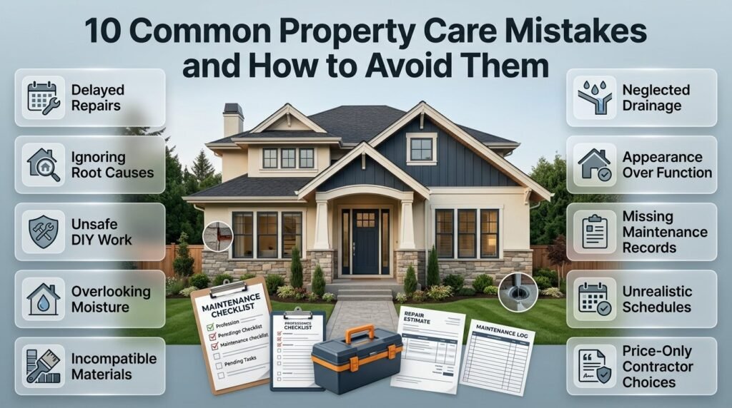 Property care infographic highlighting ten common maintenance mistakes, including delayed repairs, recurring leaks, unsafe DIY work, poor drainage, incompatible materials, and missing records.