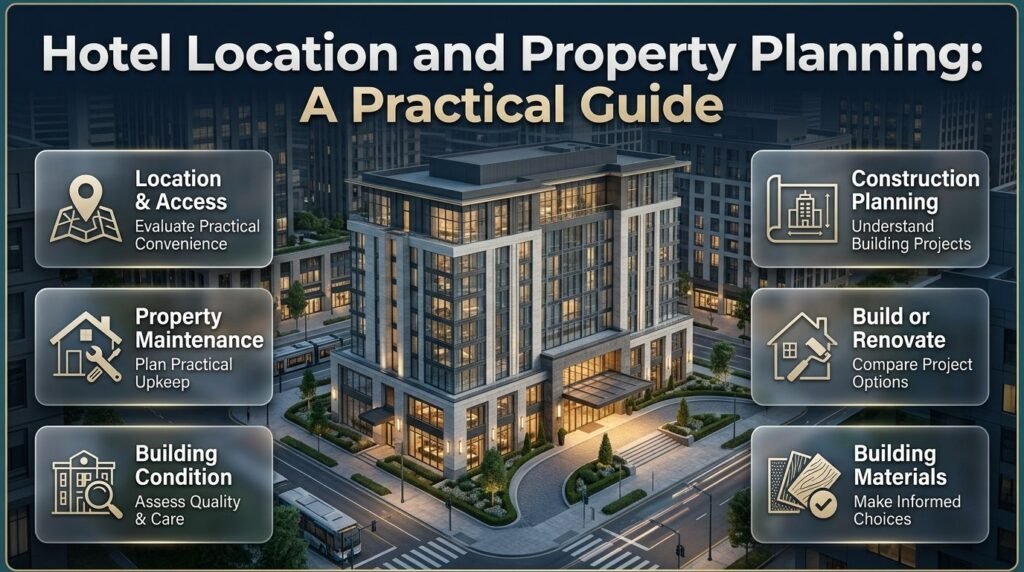 Hotel location and property planning infographic comparing accommodation accessibility, building quality, property maintenance, construction, and practical management needs.