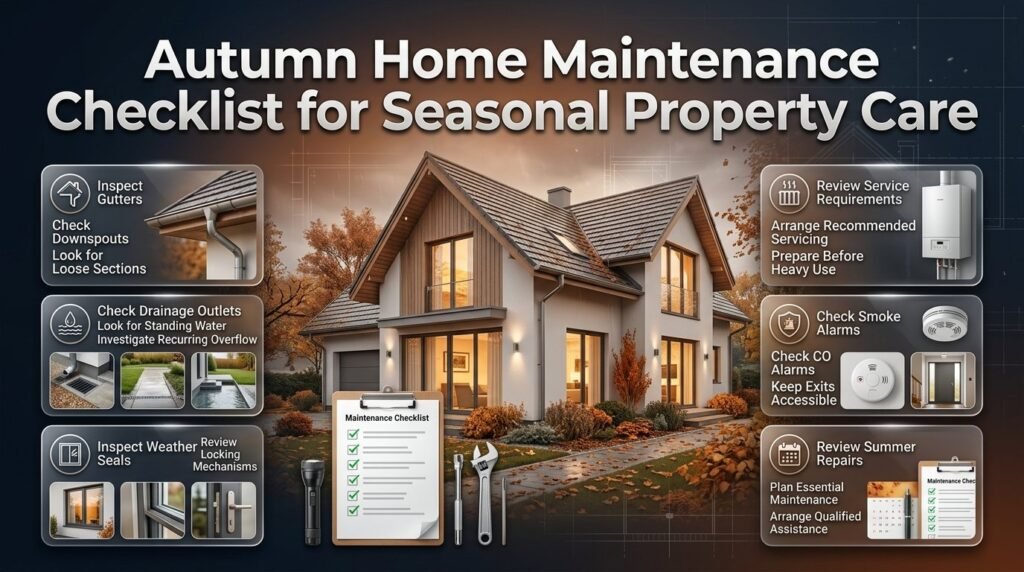 Autumn home maintenance checklist featuring gutter cleaning, roof inspections, window weather seals, heating system servicing, and home safety checks.