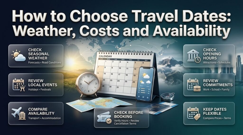 Travel planning infographic showing weather forecasts, holiday calendars, transport availability, attraction opening hours, and flexible travel dates.
