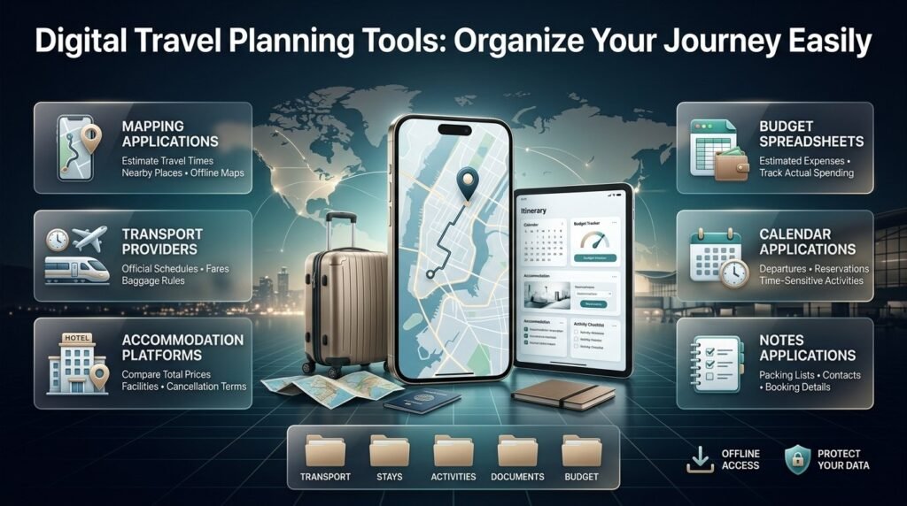 Digital travel planning infographic featuring mapping apps, transport bookings, accommodation platforms, budget spreadsheets, calendars, and offline travel notes.
