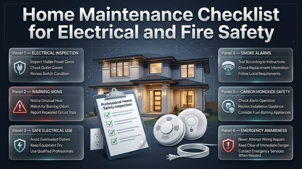 Home maintenance checklist for electrical and fire safety featuring damaged cord inspections, outlet checks, smoke alarms, and carbon monoxide detectors.