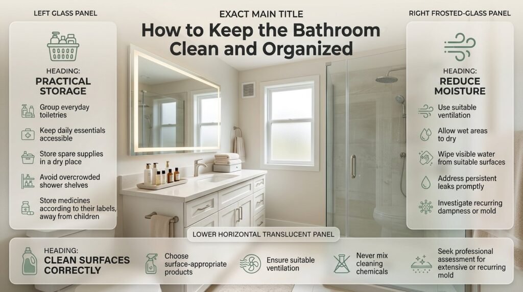Bathroom cleaning and organization infographic featuring practical storage solutions, moisture control, tidy toiletries, and safe surface cleaning tips.