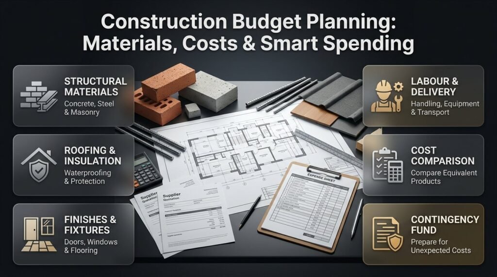 Construction budget planning infographic showing building materials, cost estimates, supplier quotations, labour expenses, delivery fees, and contingency funds.