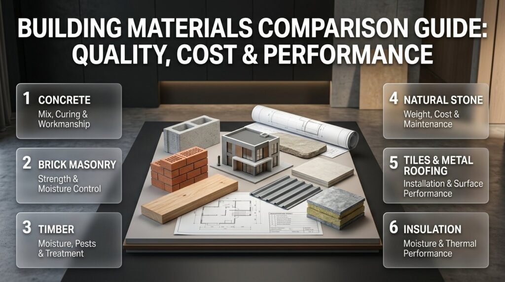 Building materials comparison infographic featuring concrete, brick, timber, natural stone, ceramic tiles, metal roofing, and insulation with key selection factors.