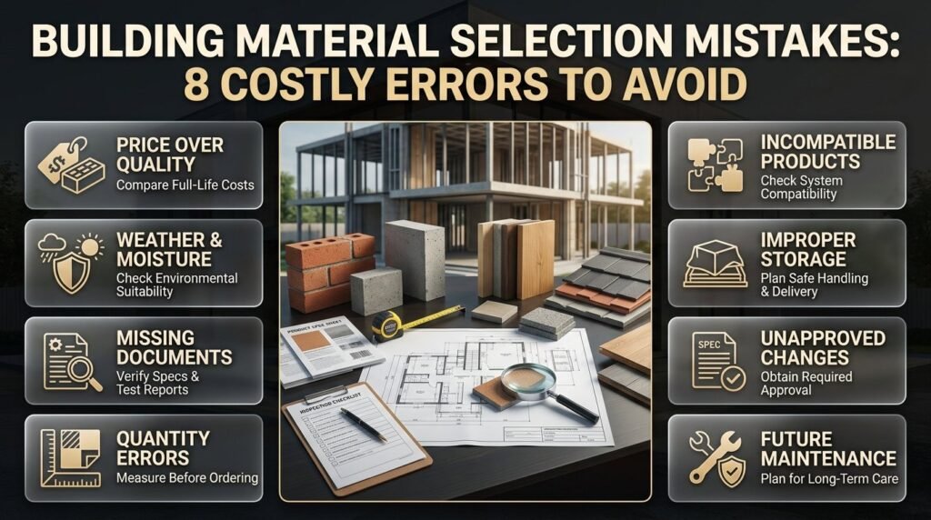 Building material selection mistakes infographic highlighting poor quality checks, moisture damage, incorrect quantities, incompatible products, and improper storage.