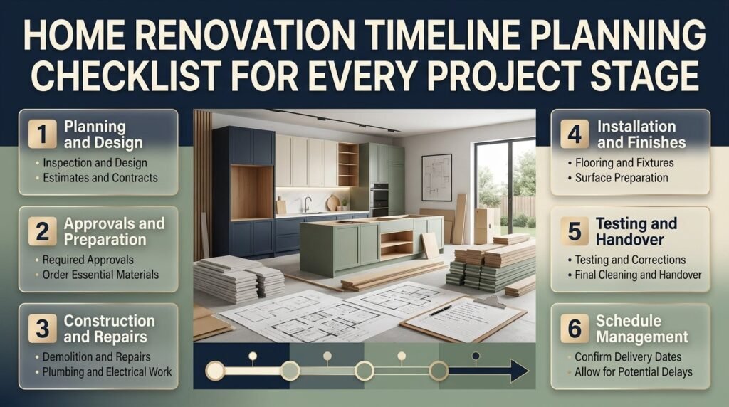 Home renovation timeline checklist showing project stages, material deliveries, contractor scheduling, inspections, repairs, and final handover.