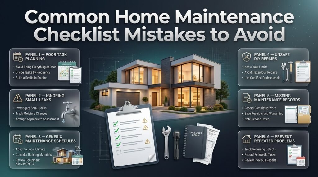 Home maintenance checklist mistakes infographic showing overlooked leaks, poor task planning, unsuitable schedules, unsafe DIY repairs, and missing maintenance records.