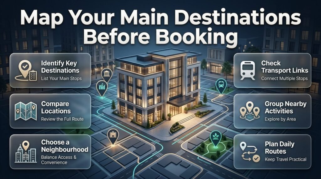 Map your main travel destinations before booking a hotel using city maps, attraction locations, transport routes, museums, shopping districts, and itinerary planning.