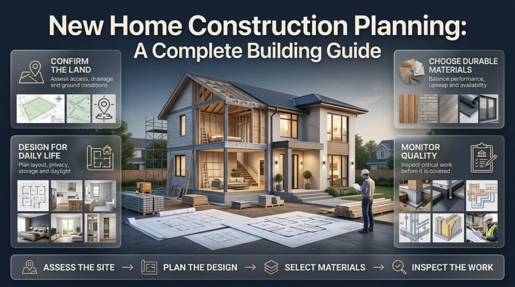 New home construction planning infographic featuring land suitability, practical home design, durable materials, and professional construction quality inspections.