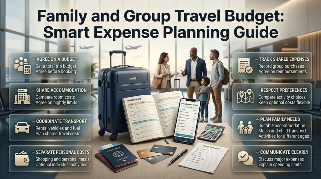 Family and group travel budget guide covering shared accommodation, transport costs, personal expenses, family activities, and group spending agreements.