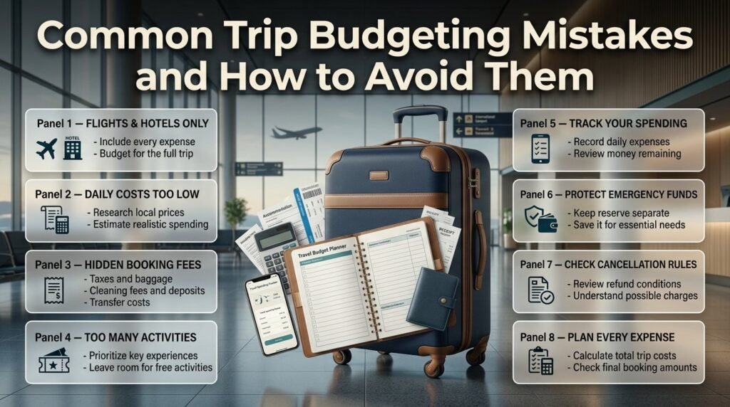 Common trip budgeting mistakes infographic showing hidden fees, underestimated daily expenses, excessive activities, poor expense tracking, and emergency fund misuse.