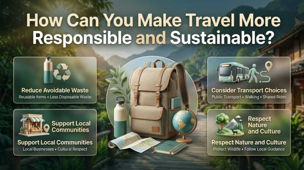 Sustainable travel infographic featuring waste reduction, support for local communities, responsible transportation, wildlife protection, and respectful cultural tourism.
