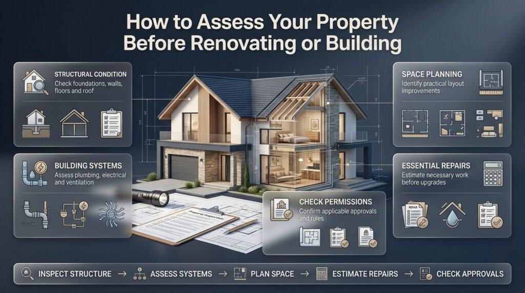 Property assessment infographic covering structural inspections, plumbing and electrical systems, space planning, repair budgets, and building permissions.
